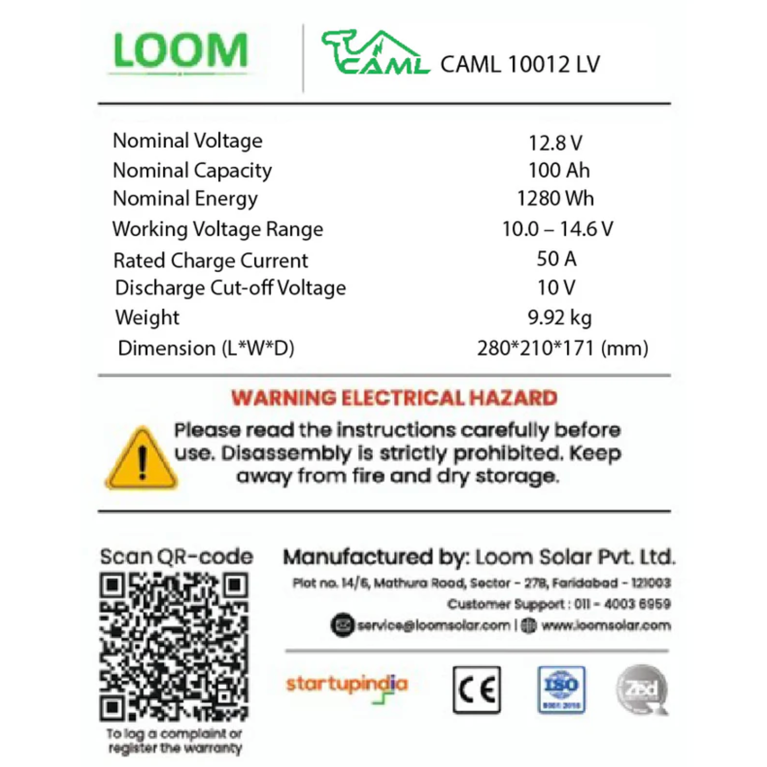 CAML 12.8V 100Ah (1.28kWh) LiFePO4 Lithium Battery