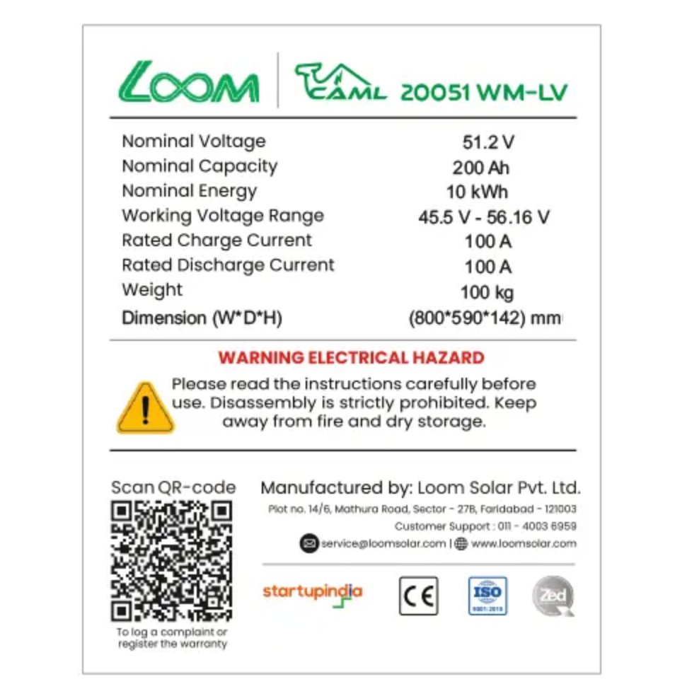 CAML 51.2V 200Ah (10.24kWh) LiFePO4 Battery – Wall Mount