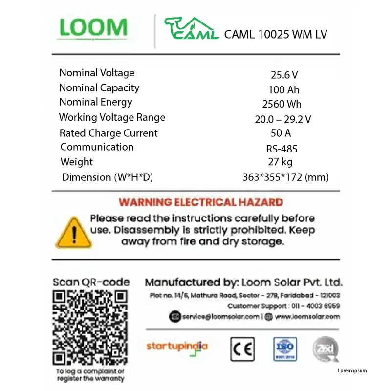 CAML 25.6V 100Ah (2.56kWh) LiFePO4 Wall-Mount Lithium Battery