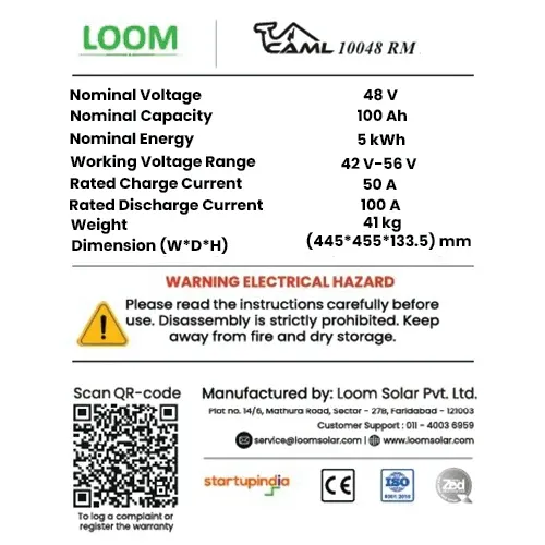 CAML 48 V 100 Ah, 5 kWh Lithium Battery - Rack Mount
