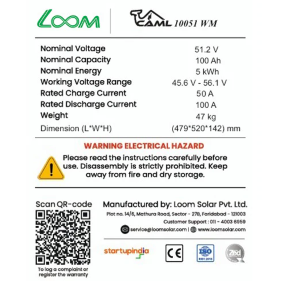 CAML 51.2 V 100 Ah, 5.12 kWh LiFePO4 Battery - Wall Mount